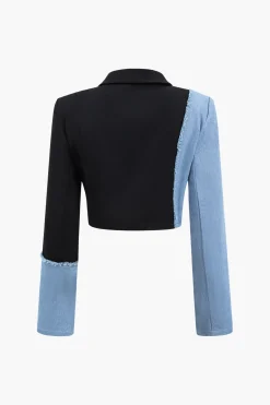 MICAS Blazers|Skirt Sets-Patchwork Denim Notched Lapel Blazer And Skirt Set BLACK