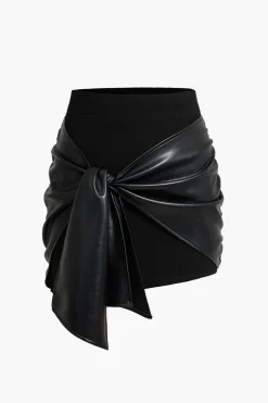 MICAS Skirts-Patchwork Faux Leather Tie Front Mini Skirt