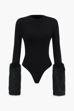 MICAS Bodysuits-Patchwork Fur Long Sleeve Bodysuit