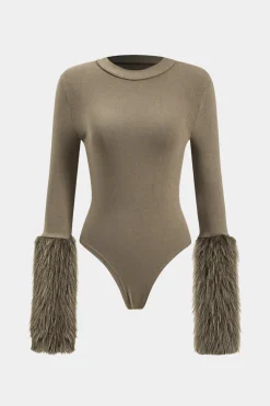 MICAS Bodysuits-Patchwork Fur Long Sleeve Bodysuit