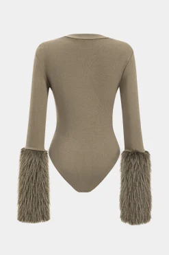MICAS Bodysuits-Patchwork Fur Long Sleeve Bodysuit