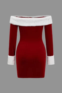 MICAS Long Sleeve Dresses|Mini Dresses-Patchwork Fur Off Shoulder Long Sleeve Mini Dress RED