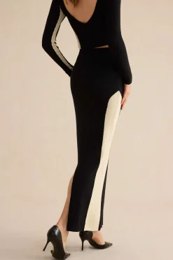 MICAS Knit Bottoms|Skirts-Patchwork Knit Maxi Skirt BLACK