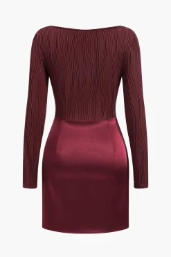 MICAS Long Sleeve Dresses|Mini Dresses-Patchwork Knot Ruched Mini Dress BURGUNDY