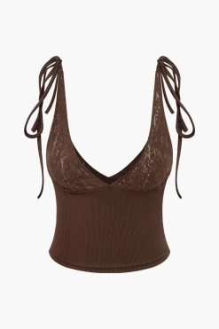 MICAS Tank Tops & Cami-Patchwork Lace Tie V-neck Cami Top COFFEE