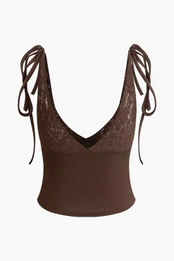 MICAS Tank Tops & Cami-Patchwork Lace Tie V-neck Cami Top COFFEE