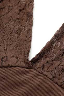 MICAS Tank Tops & Cami-Patchwork Lace Tie V-neck Cami Top COFFEE