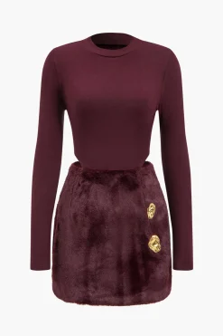 MICAS Long Sleeve Dresses|Mini Dresses-Patchwork Long Sleeve Mini Dress BURGUNDY