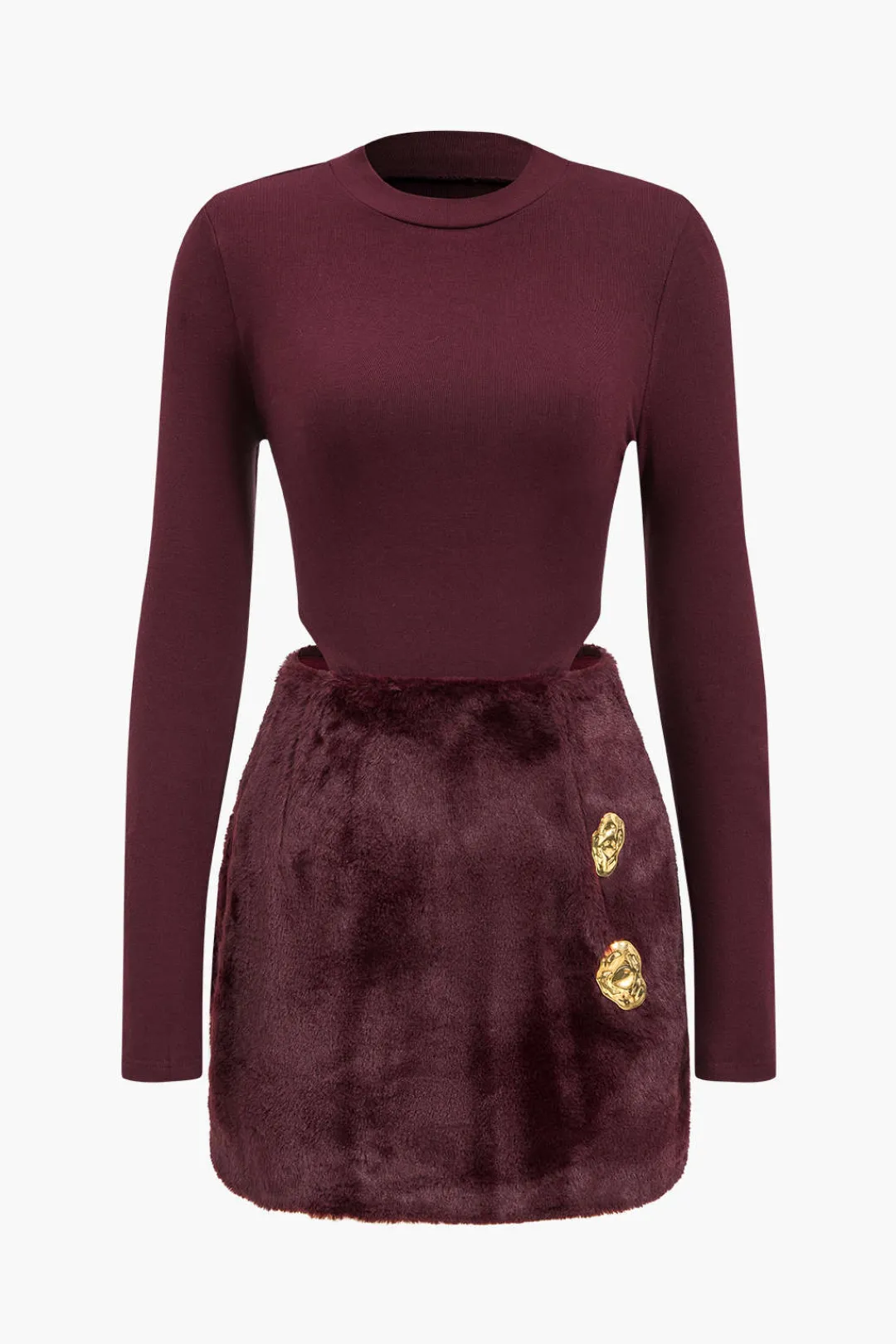 MICAS Long Sleeve Dresses|Mini Dresses-Patchwork Long Sleeve Mini Dress BURGUNDY