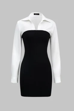 MICAS Long Sleeve Dresses|Mini Dresses-Patchwork Long Sleeve Mini Dress Contrast Color