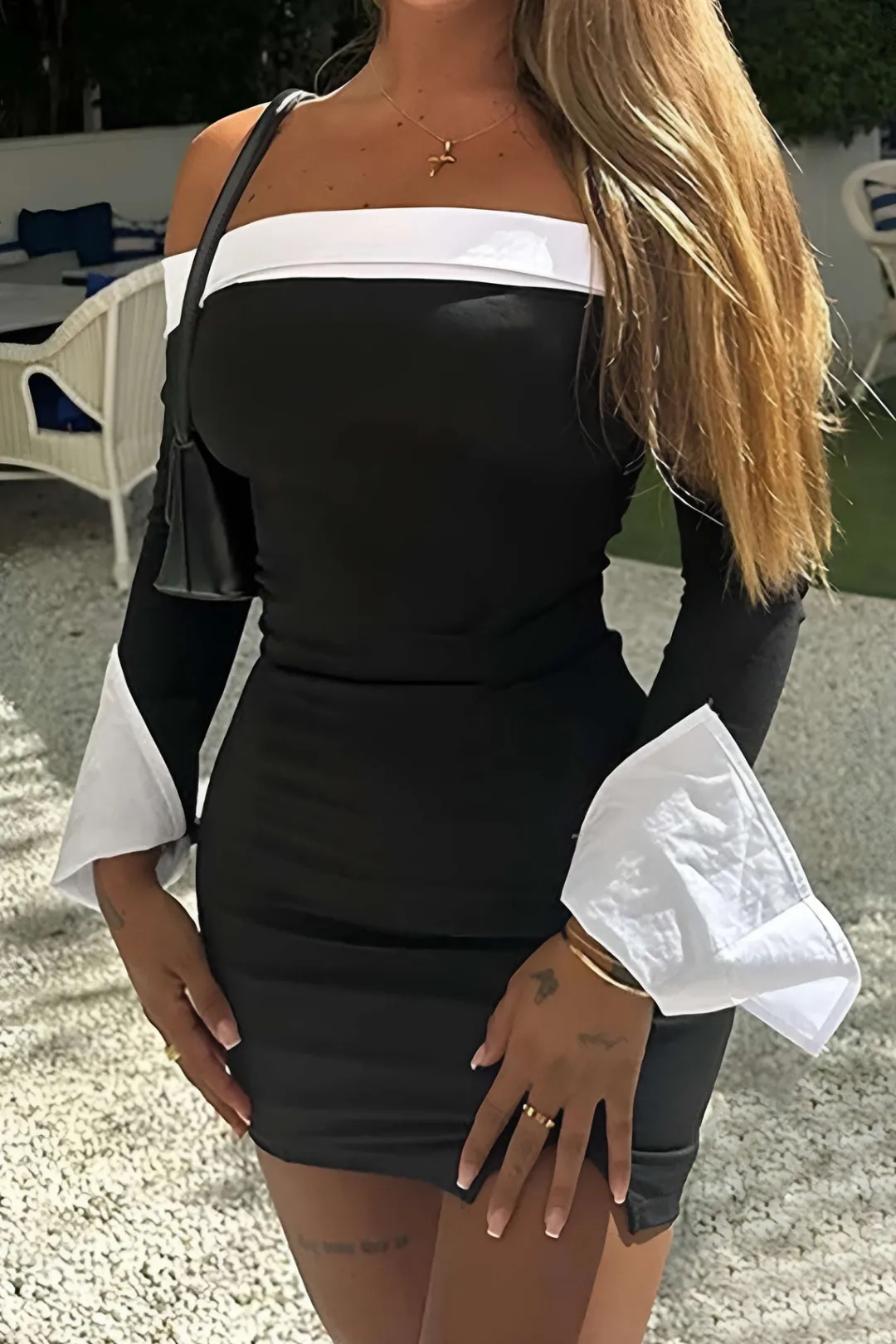 MICAS Mini Dresses|Long Sleeve Dresses-Patchwork Long Sleeve Off Shoulder Mini Dress BLACK