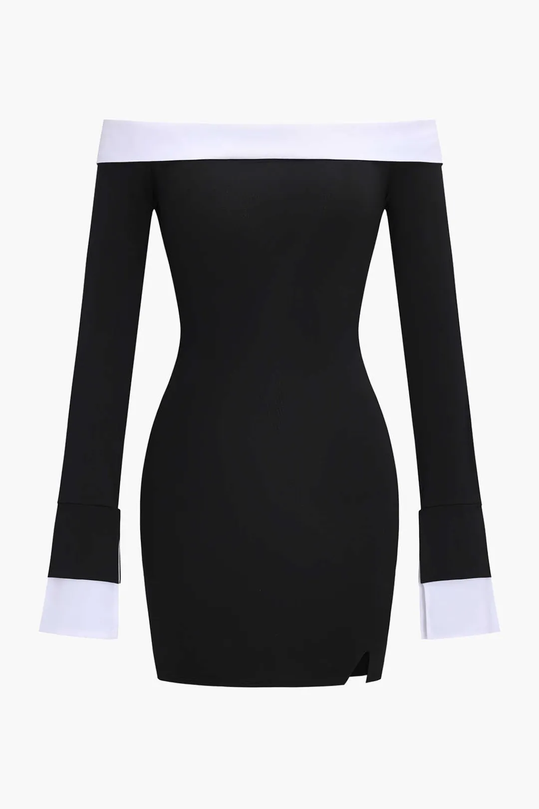 MICAS Mini Dresses|Long Sleeve Dresses-Patchwork Long Sleeve Off Shoulder Mini Dress BLACK