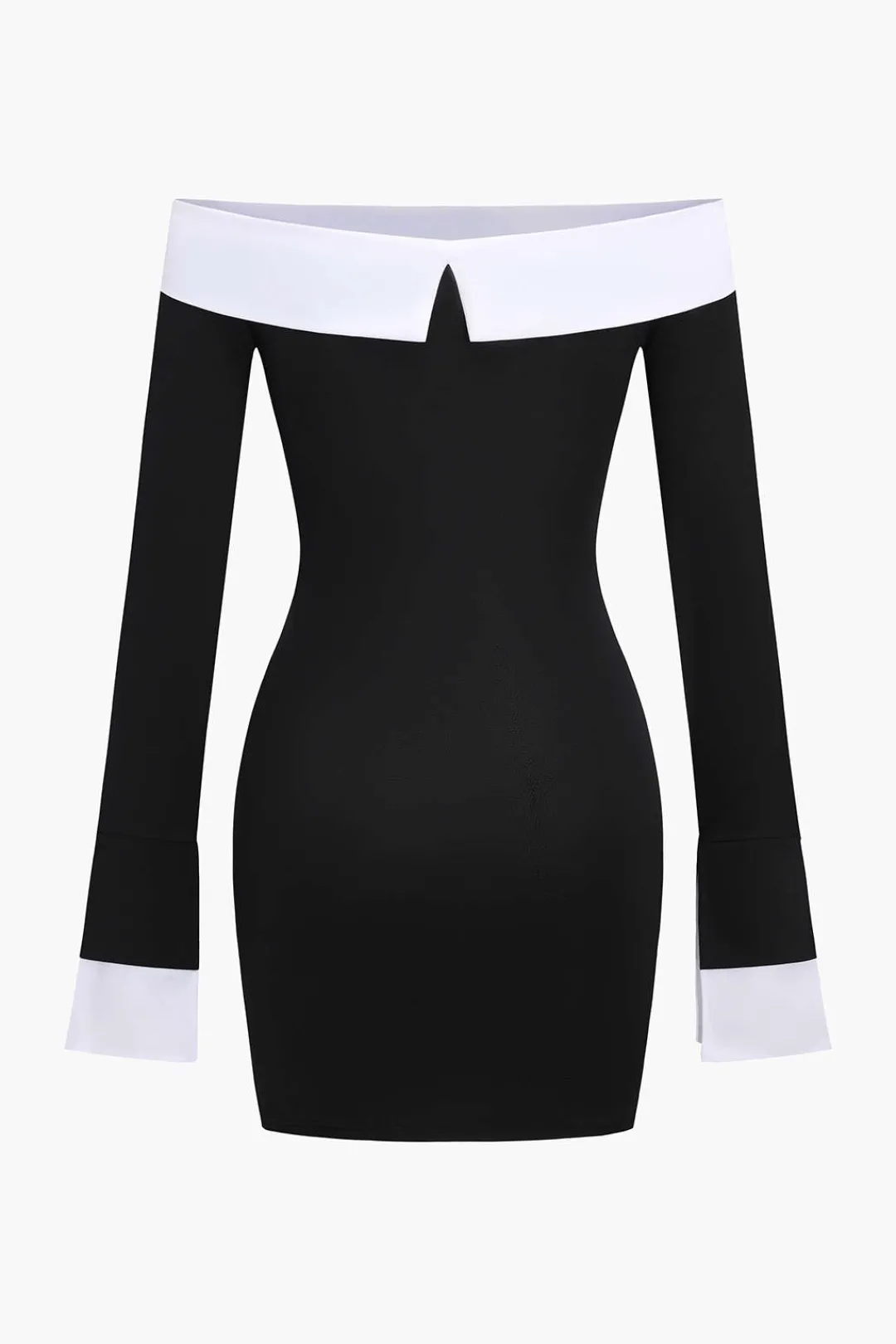 MICAS Mini Dresses|Long Sleeve Dresses-Patchwork Long Sleeve Off Shoulder Mini Dress BLACK