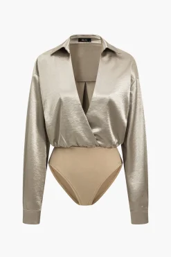 MICAS Bodysuits-Patchwork Long Sleeve Satin Bodysuit