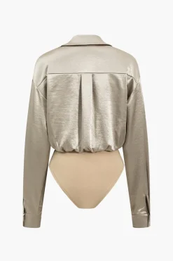 MICAS Bodysuits-Patchwork Long Sleeve Satin Bodysuit