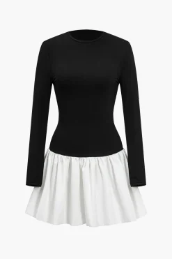 MICAS Long Sleeve Dresses|Mini Dresses-Patchwork Long-Sleeve Mini Dress BLACK