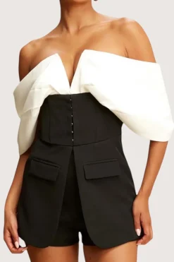 MICAS Jumpsuits & Rompers-Patchwork Off Shoulder V-Shaped Romper BLACK
