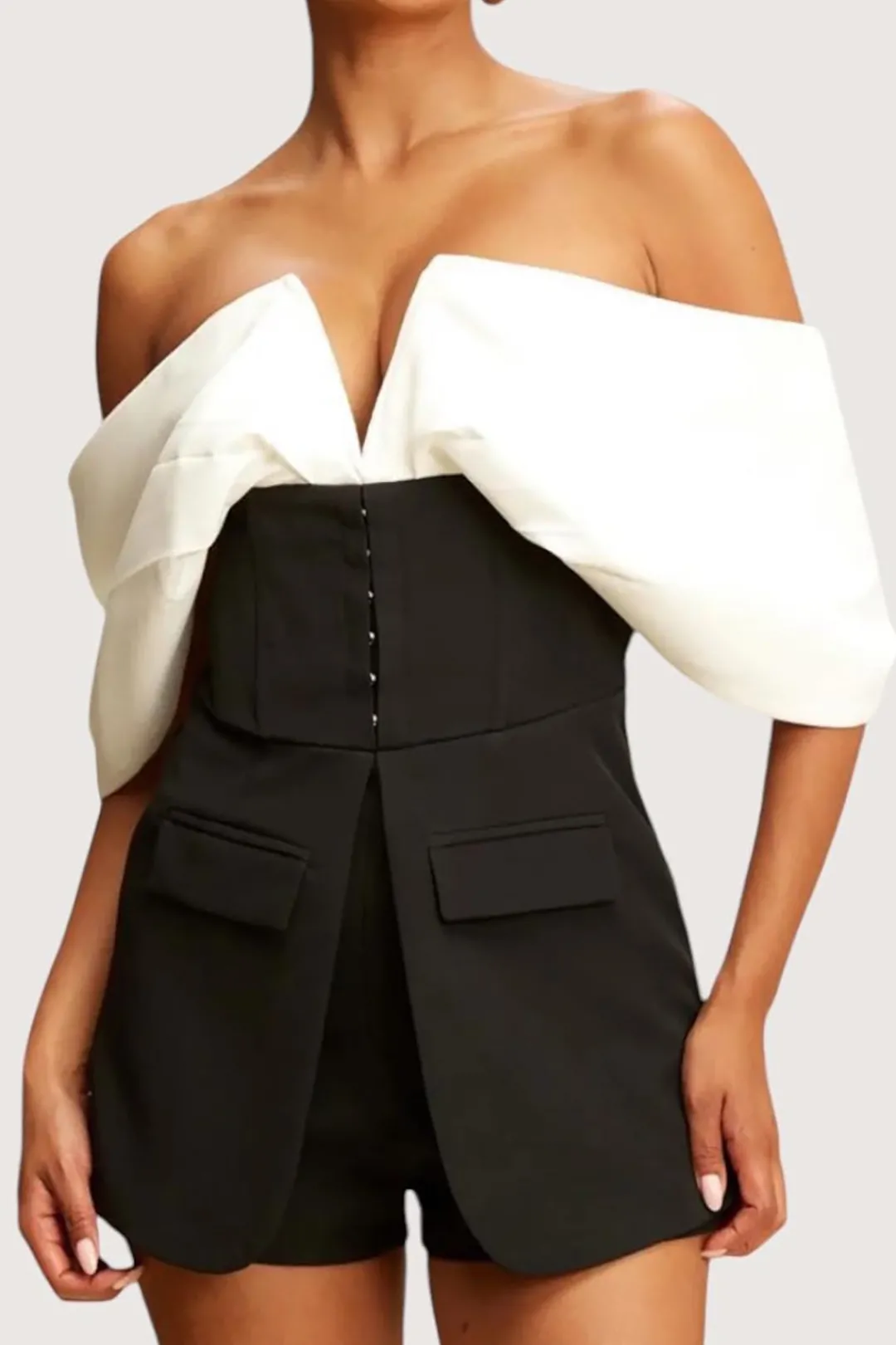 MICAS Jumpsuits & Rompers-Patchwork Off Shoulder V-Shaped Romper BLACK