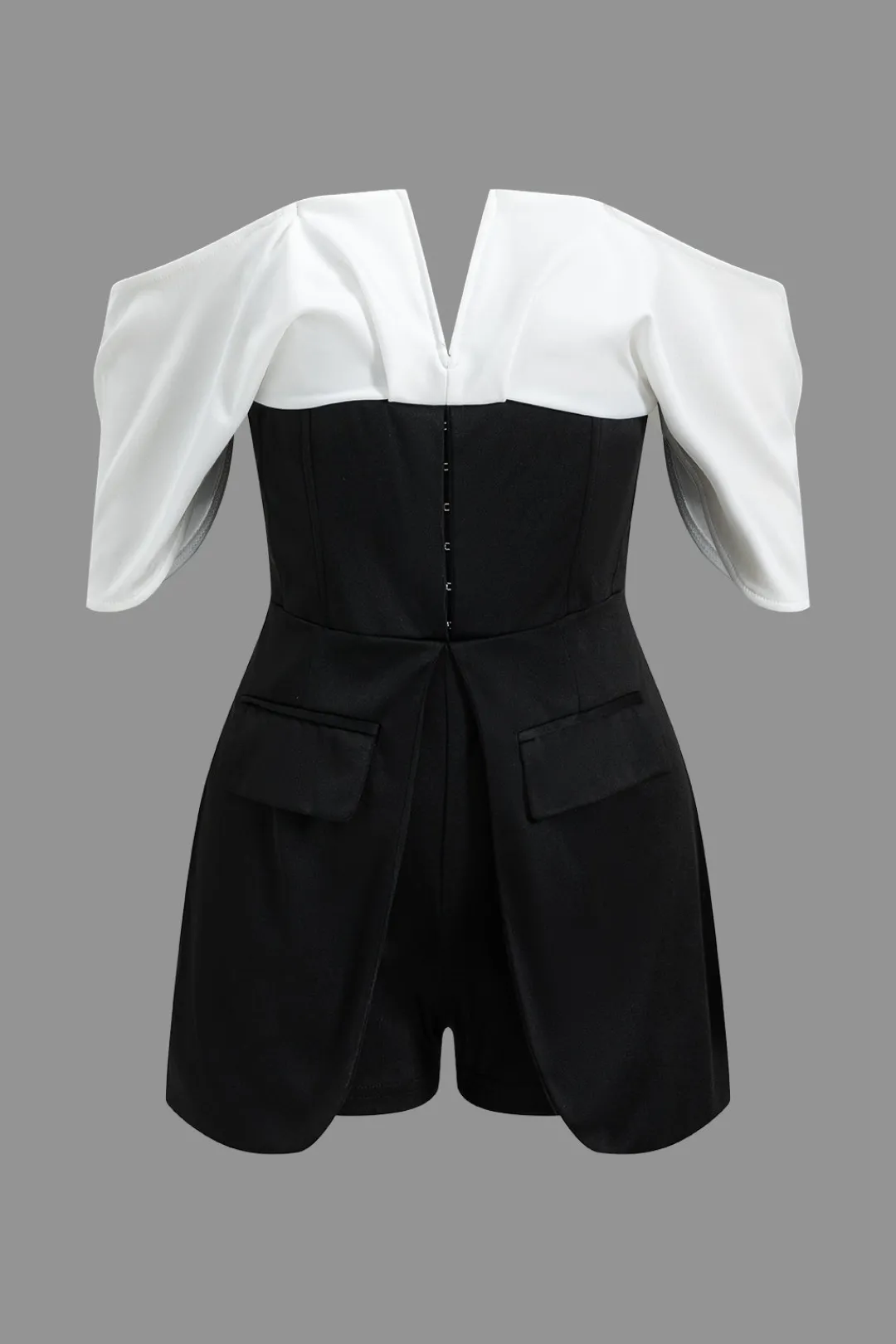 MICAS Jumpsuits & Rompers-Patchwork Off Shoulder V-Shaped Romper BLACK