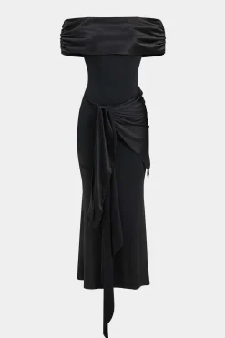 MICAS Long Sleeve Dresses|Maxi Dresses-Patchwork Off-Shoulder Draped Bow Detail Maxi Dress