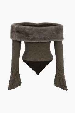 MICAS Long Sleeve Tops|Long Sleeves Tops-Patchwork Off-Shoulder Long-Sleeve Top BROWN