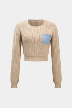 MICAS Knitwear|Knit Tops-Patchwork Pocket Sweater Long-Sleeve Top TAN