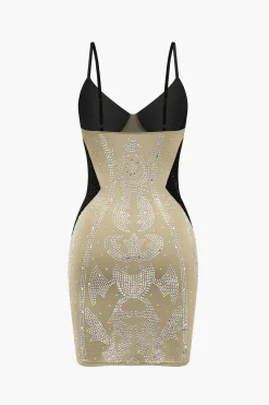 MICAS Mini Dresses-Patchwork Rhinestone Spaghetti Strap Sleeveless Mini Dress Contrast Color