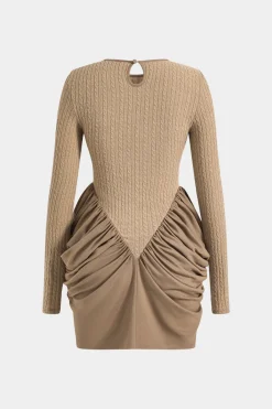 MICAS Long Sleeve Dresses|Mini Dresses-Patchwork Ruched Round Neck Long Sleeve Mini Dress TAN