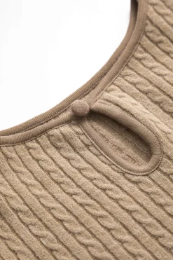 MICAS Long Sleeve Dresses|Mini Dresses-Patchwork Ruched Round Neck Long Sleeve Mini Dress TAN