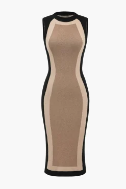 MICAS Knitwear|Knit Dresses-Patchwork Sleeveless Knit Dress TAN