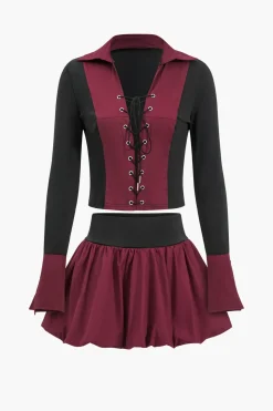 MICAS Skirt Sets-Patchwork Tie Up Top And Puff Skirt Set BURGUNDY