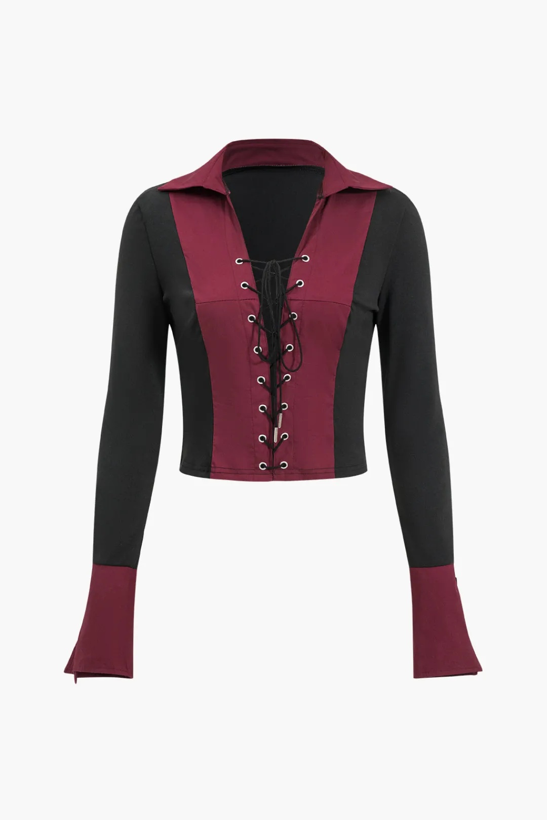 MICAS Skirt Sets-Patchwork Tie Up Top And Puff Skirt Set BURGUNDY