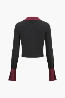 MICAS Skirt Sets-Patchwork Tie Up Top And Puff Skirt Set BURGUNDY