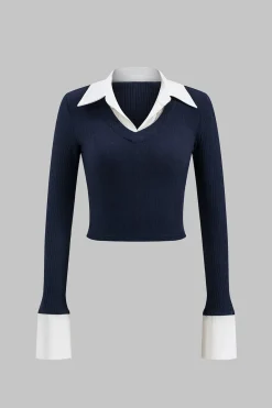 MICAS Long Sleeve Tops|Long Sleeves Tops-Patchwork V-Neck Long-Sleeve Shirt DARK BLUE