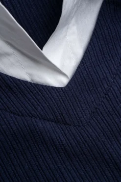 MICAS Long Sleeve Tops|Long Sleeves Tops-Patchwork V-Neck Long-Sleeve Shirt DARK BLUE