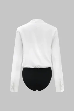 MICAS Bodysuits-Patchwork V-Neck Long Sleeve Bodysuit WHITE