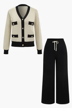 MICAS Knitwear|Knit Sets-Patchwork V-Neck Sweater Cardigan And Pants Set