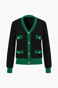 MICAS Knitwear|Knit Sets-Patchwork V-Neck Sweater Cardigan And Pants Set