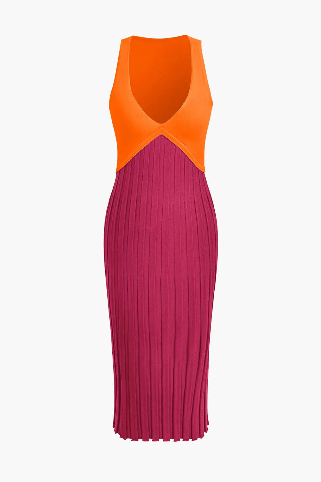 MICAS Knit Dresses-Patchwork V-Neck Tank Knit Midi Dress