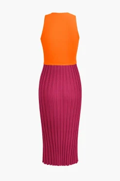 MICAS Knit Dresses-Patchwork V-Neck Tank Knit Midi Dress