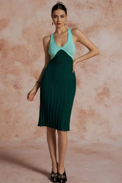 MICAS Knit Dresses-Patchwork V-Neck Tank Knit Midi Dress