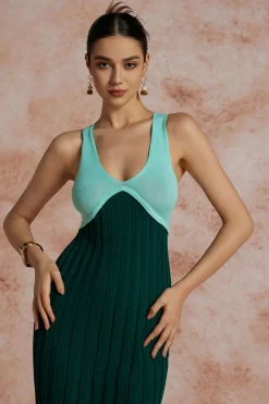 MICAS Knit Dresses-Patchwork V-Neck Tank Knit Midi Dress