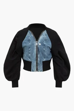 MICAS Outerwear|Outerwear-Patchwork Zipper Denim Outerwear Jacket