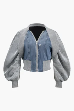 MICAS Outerwear|Outerwear-Patchwork Zipper Denim Outerwear Jacket