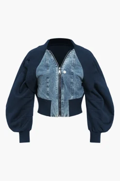 MICAS Outerwear|Outerwear-Patchwork Zipper Denim Outerwear Jacket