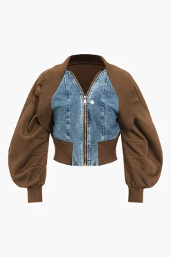 MICAS Outerwear|Outerwear-Patchwork Zipper Denim Outerwear Jacket