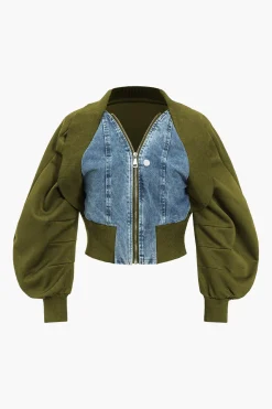 MICAS Outerwear|Outerwear-Patchwork Zipper Denim Outerwear Jacket