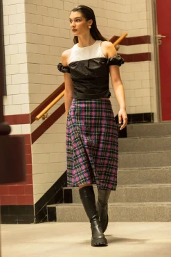 MICAS Skirts-Plaid Cut Out Waist Midi Skirt BRICK