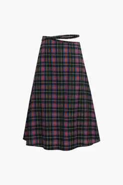 MICAS Skirts-Plaid Cut Out Waist Midi Skirt BRICK