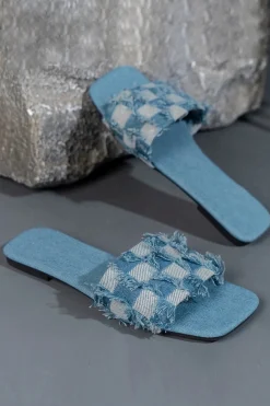 MICAS Shoes|Shoes-Plaid Frayed Denim Slippers BLUE